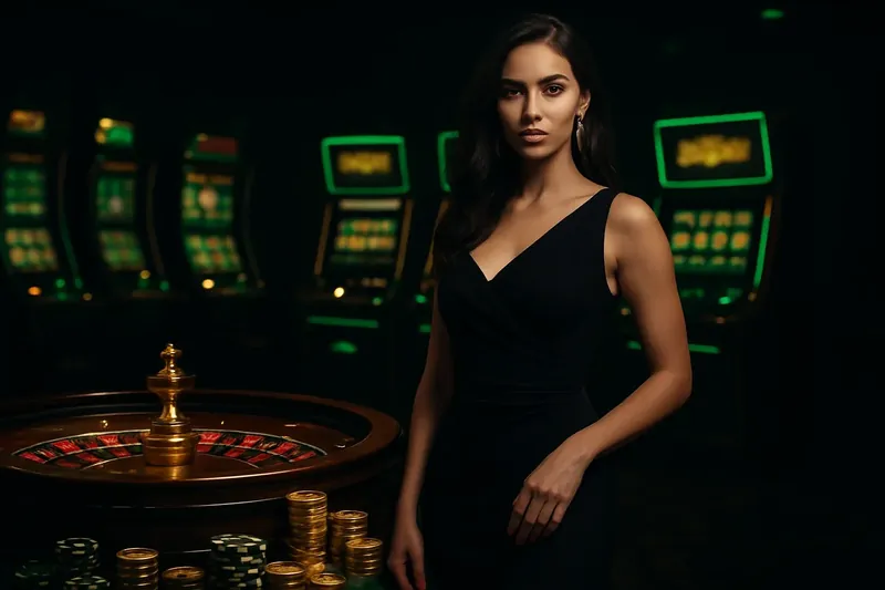Confident woman in evening dress near roulette and slot machines in luxury Bangladeshi casino with neon green and gold accents